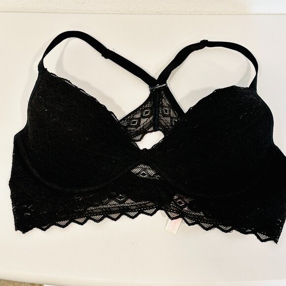 Victorias Secret PINK Racerback Underwire Bra Black Lace Lightly Padded Size Med - Picture 1 of 8